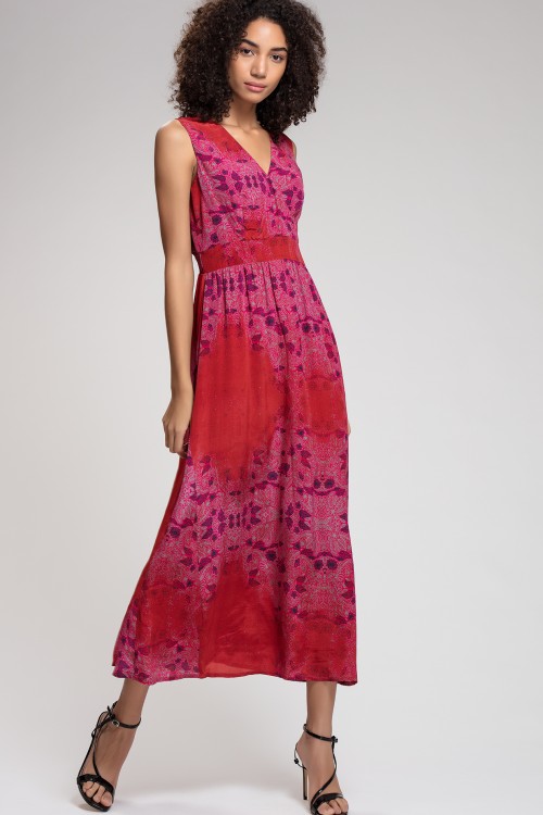 Midi Dresses -Buy Red Printed Midi Dress for Wedding - Benares Fashion